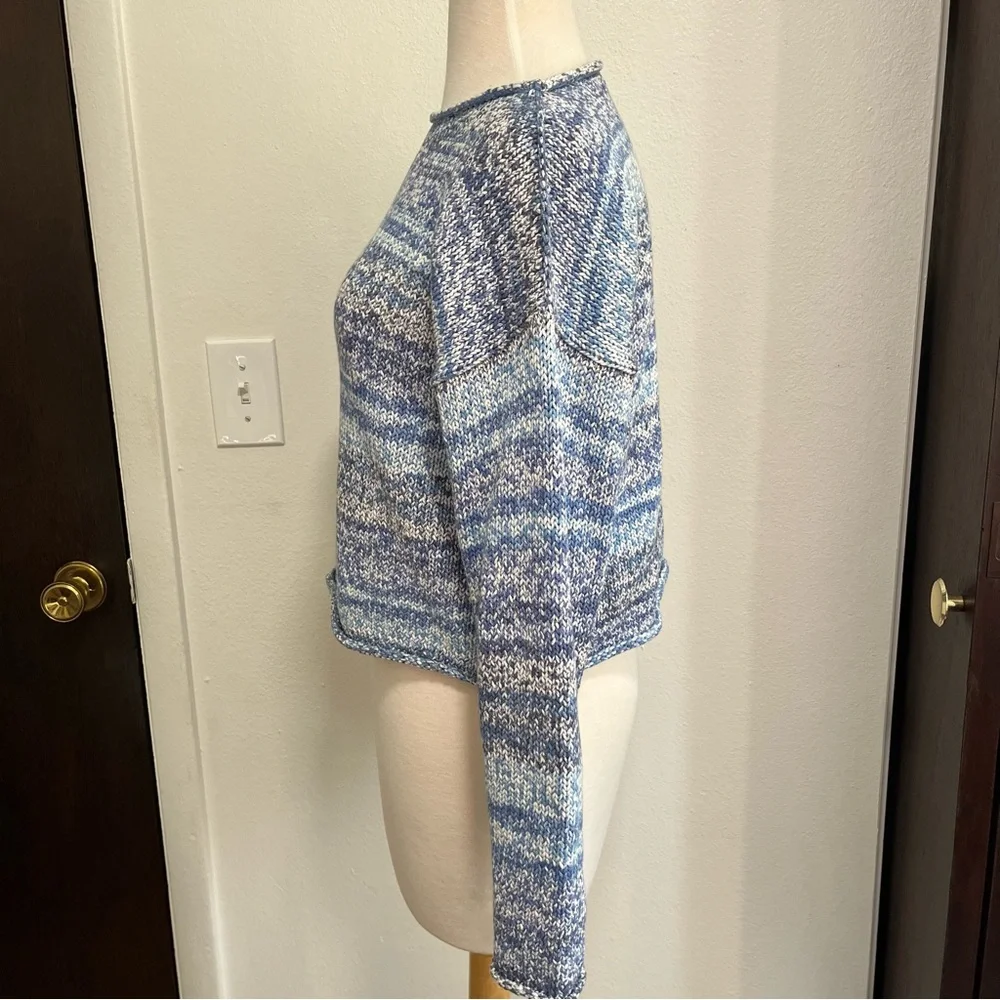 Margaret O’Leary Blue White Space Dye Cropped Rolled Collar Sweater Womens XS